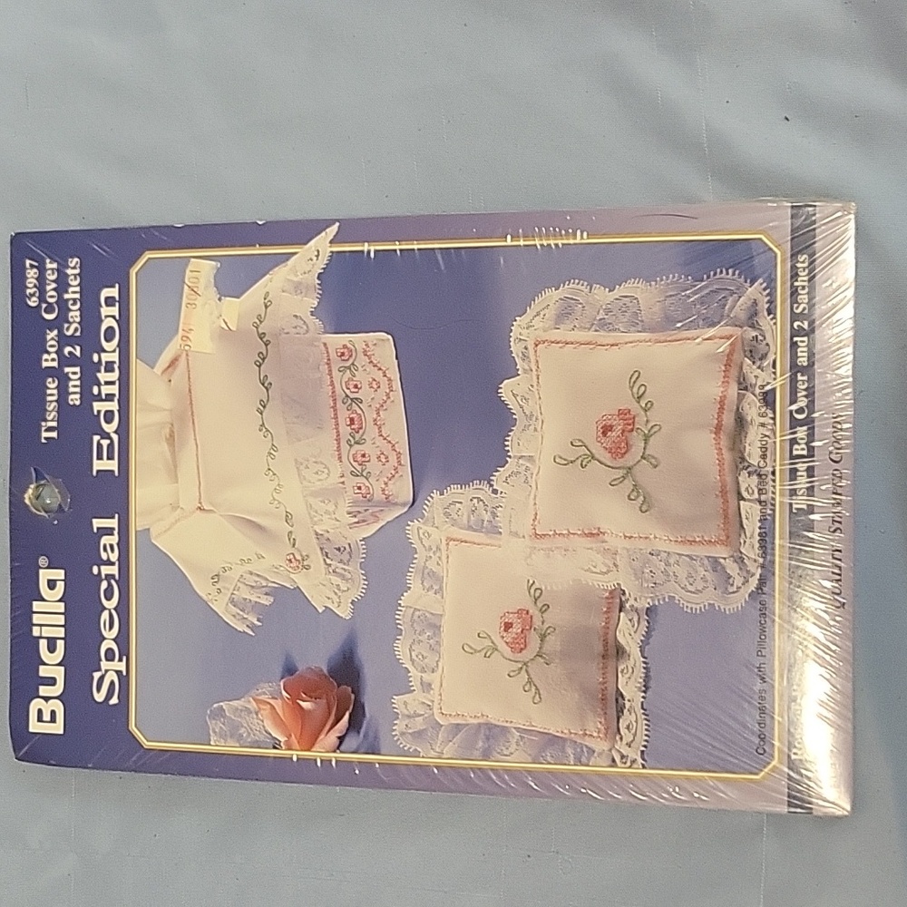 NWT Bucilla Embroidery kit. Tissue box and 2 sachets.